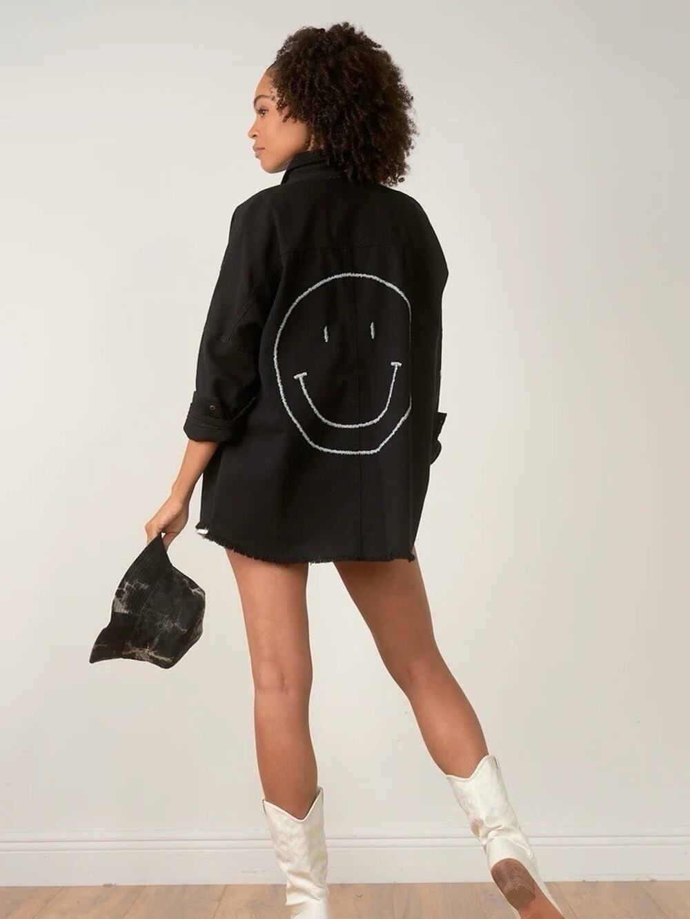 ELAN Dolly Smiley Face Button Up Shacket Shirt Jacket Black Size XS